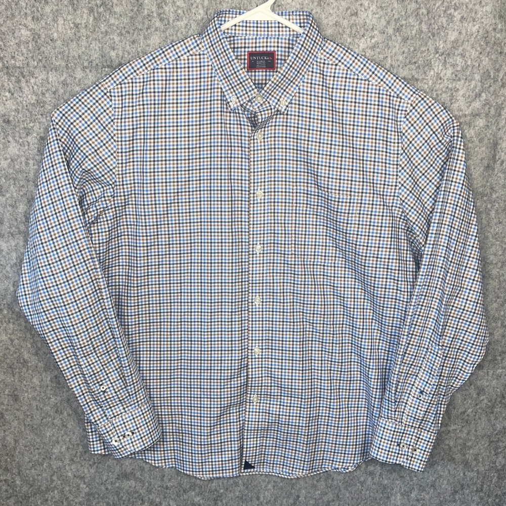 UNTUCKit Men's XL Wrinkle Free Blue Brown Check‎ Long Sleeve Button Down Shirt